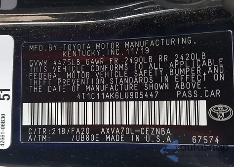 2020 Toyota Camry Le from USA, damaged, VIN 4T1C11AK6LU905447